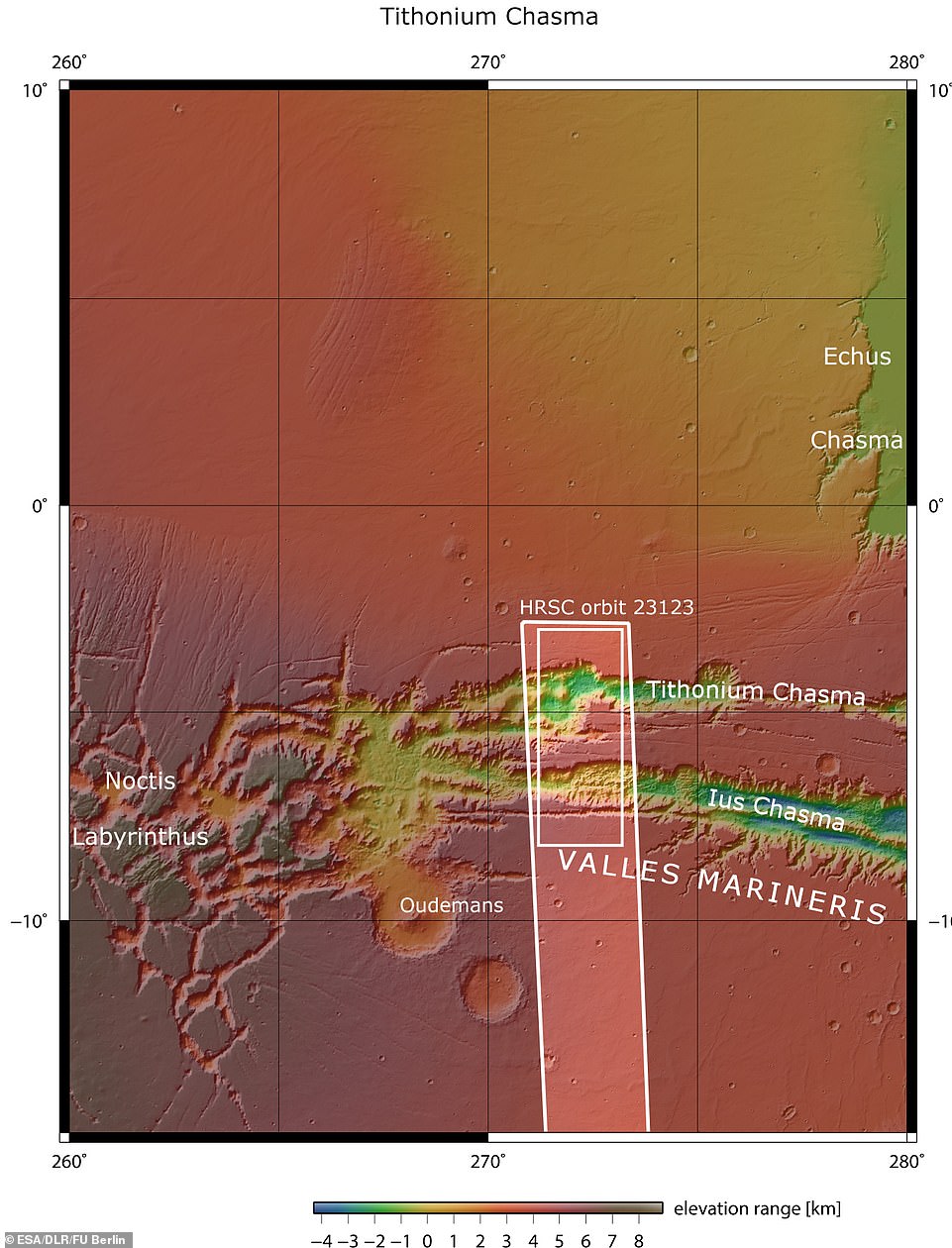 Lus and the Tithonian Chasmata we have seen above.  The area outlined by the white box in bold indicates the area imaged by the Mars Express High Resolution Stereo Camera on April 21, 2022 in orbit.