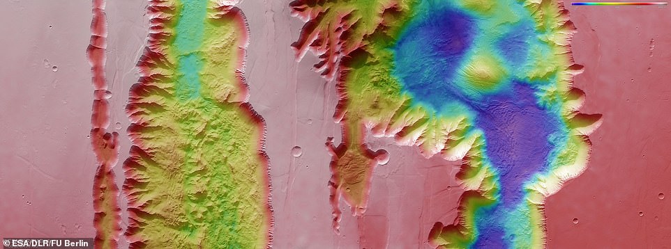 Pictured above: A color-coded topographic image showing the Right and Tithonium Chasmata, which form part of Mars' Marine Valley canyon structure, created from data collected by ESA's Mars Express