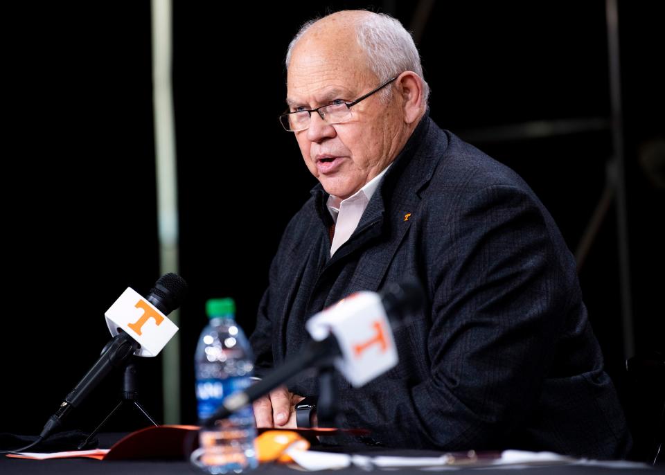 Tennessee Athletic Director Phillip Fulmer speaks during a press conference on leadership changes related to the University of Tennessee football program held at the Neyland-Thompson Sports Center in Knoxville on Monday, January 18, 2021.