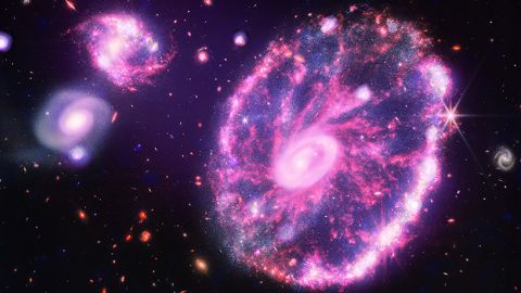 Chandra X-ray data combined to shine a Webb telescope image of the Cartwheel galaxy.