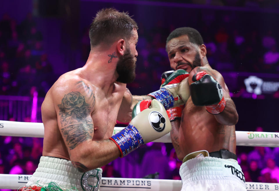 BROOKLYN, NEW YORK – OCTOBER 15: Caleb Plant hits Anthony Dirrell during their WBC super middleweight world title elimination bout at Barclays Center on October 15, 2022 in Brooklyn, New York.  (Photo by Al Bello/Getty Images)
