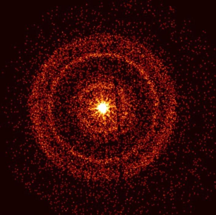 a yellow gamma ray surrounded by red dots erupted