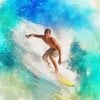 It shows a man surfing