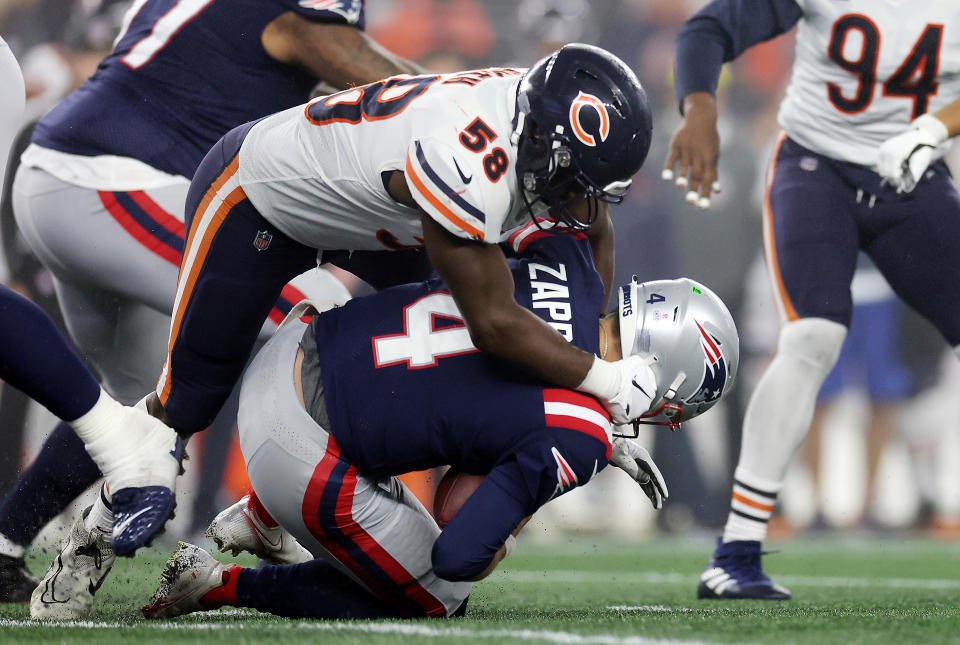 Chicago Bears' Roquan Smith sacks New England Patriots' Bailey Zappe in Monday night's game.  (Photo by Maddie Meyer/Getty Images)