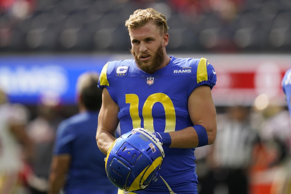 Los Angeles Rams wide receiver Cooper Kupp warms up before an NFL football game against the San Francisco 49ers on Sunday, Oct. 30, 2022, in Inglewood, Calif.  (AP Photo/Gregory Bull)