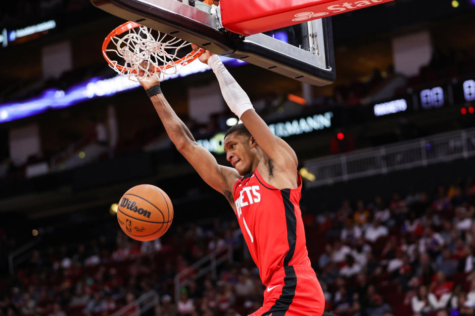 HOUSTON, TEXAS – OCTOBER 24: Jabari Smith Jr. #1 of the Houston Rockets dunks the ball in the second half against the Utah Jazz at Toyota Center on October 24, 2022 in Houston, Texas.  NOTE TO USER: User expressly acknowledges and agrees that by downloading and/or using this photograph, user accepts the terms and conditions of the Getty Images License Agreement.  (Photo by Carmen Mandato/Getty Images)