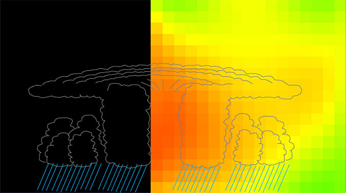 An illustration of the pressures inside the storm, the depressed regions in the center of the storm and the darker section to the left, which was the outside viewing angle of the muon detector.