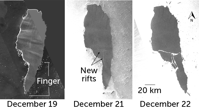 Three photos of Iceberg A68a, the first on December 19 with the large 