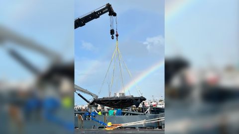 A double rainbow appeared across the sky over the LOFTID heat shield as it transferred to port in Hawaii.