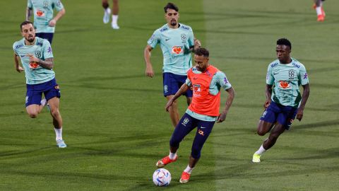Neymar (centre) is training with Brazil in Doha, Qatar ahead of the World Cup.  