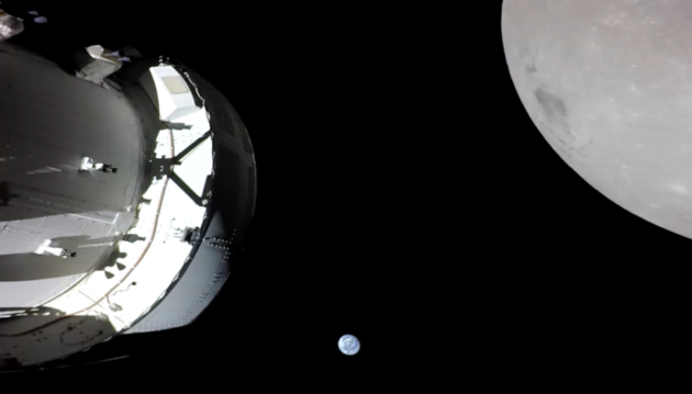 The larger moon in a series of images released by the Orion capsule.  The last image in this set shows Earth in a distant environment, more than 230,000 miles away.  (NASA Photos)