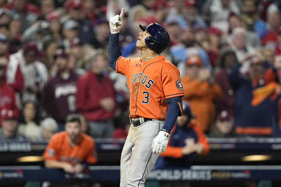 Astros shortstop Jeremy Pena celebrates his home run in the fourth inning of Game 5 of the World Series.  (AP Photo/David J. Phillip)