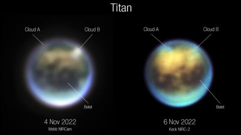 Astronomers compared Webb (left) and Keck images of Titanium to see how the clouds evolved.  Cloud A appears to rotate, while cloud B appears to dissipate.