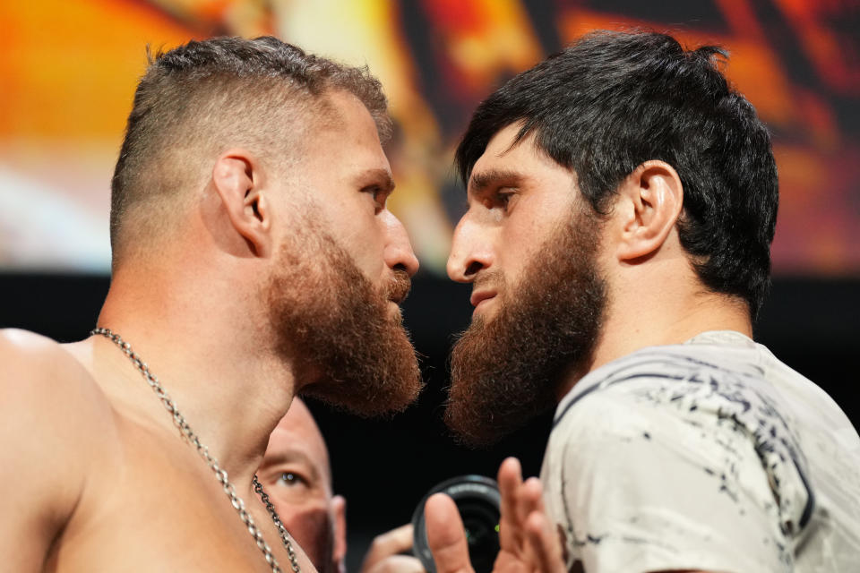 LAS VEGAS, NEVADA – DECEMBER 09: (L-R) Opponents Jan Blachowicz of Poland and Magomed Ankalaev of Russia face off during the UFC 282 ceremonial weigh-ins at MGM Grand Garden Arena on December 09, 2022 in Las Vegas, Nevada.  (Photo by Chris Unger/Zuffa LLC)