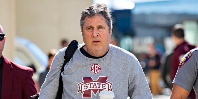 Mississippi State Bulldogs head coach Mike Leach arrives at the stadium before a game against the Arkansas Razorbacks at Donald W. Reynolds Razorback Stadium on November 6, 2021 in Fayetteville, Ark. 