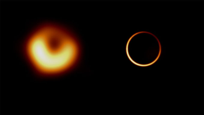 Two side-on images of the supermassive black hole in the galaxy M87, both taken by the EHT Event Horizon Telescope.  The left image looks like a scary luminous donut.  On the right is a more recent image that isolates the circular feature of the black hole's emission and mimics a thin circle.