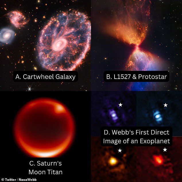The final set includes (A) Cartwheel Galaxy;  (b) Cloud L1527 and hidden protostar;  (C) Saturn's moon Titan;  and (D) Webb's first direct image of an exoplanet, HIP 65426 b