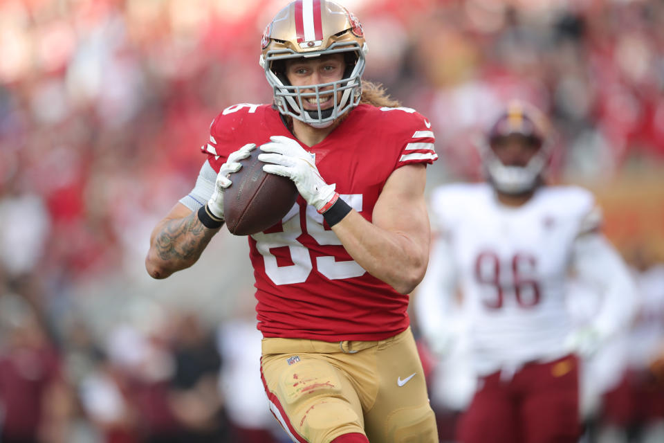 George Kittle has made the difference in the playoff fantasy, with four touchdowns in his last two games.  (Photo by Michael Zagaris/San Francisco 49ers/Getty Images)