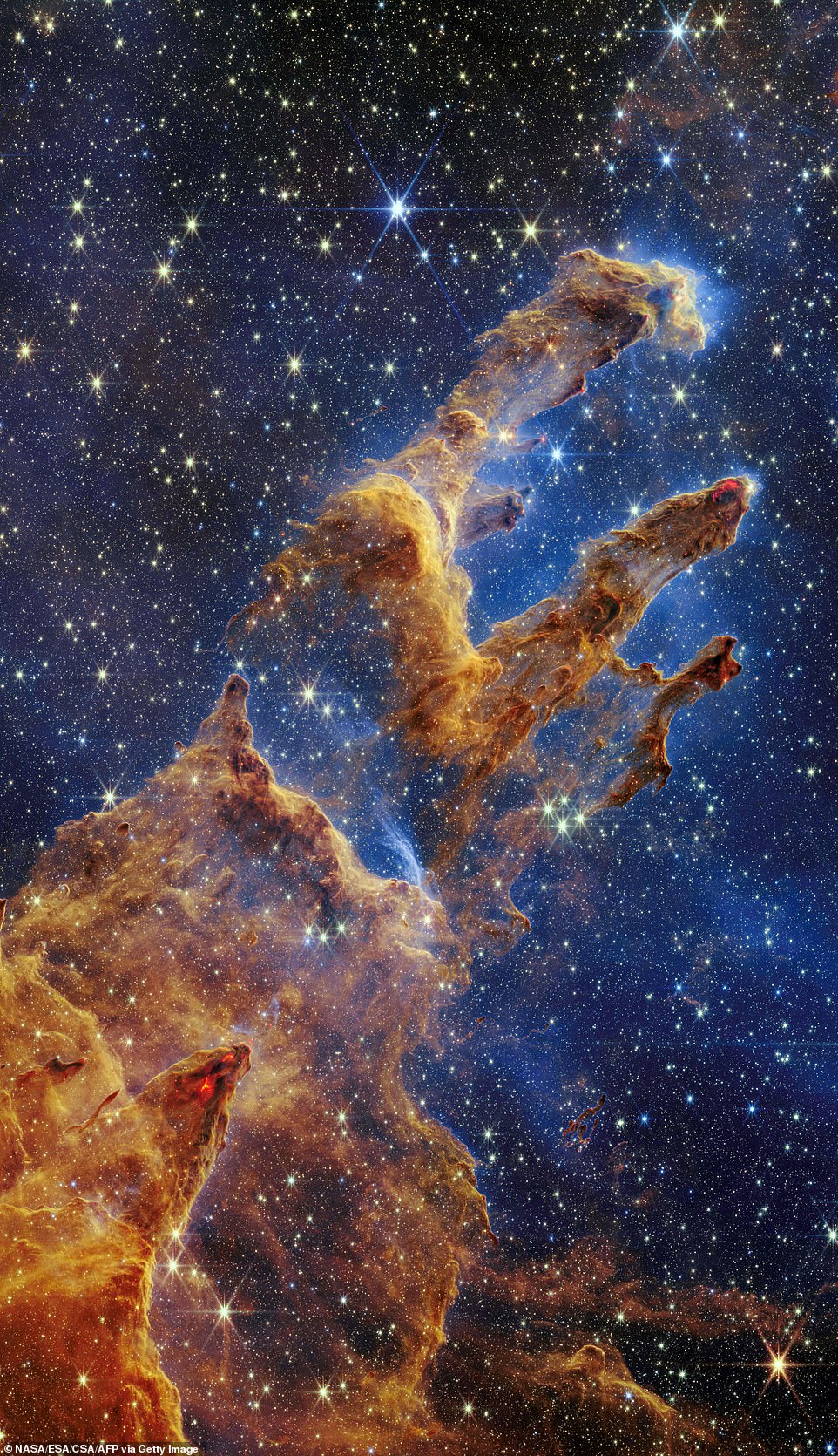 Reaching for the stars: This detailed image of the iconic Pillars of Creation, reveals its columns of cool interstellar gas and dust surrounded by countless twinkling stars. This is the first time the gas and dust can be seen clumping together and populations of forming stars, with some still encased in dust, are visible
