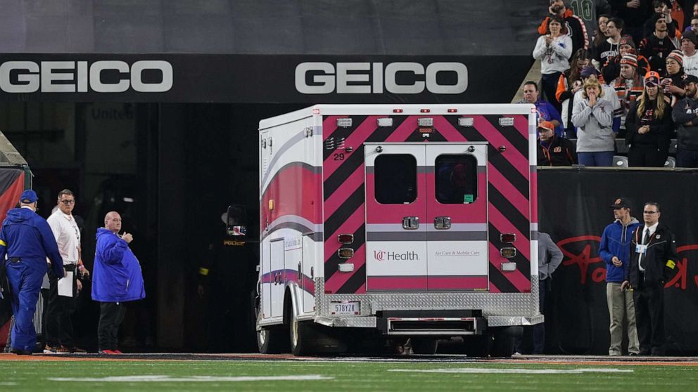 PHOTO: An ambulance leaves the field carrying Damar Hamlin of the Buffalo Bills after collapsing during an NFL game against the Cincinnati Bengals, Jan. 2, 2023, in Cincinnati.