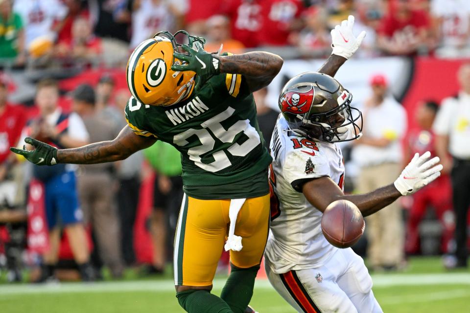 Keisean Nixon of the Green Bay Packers breaks up a pass intended for Breshad Perriman of the Tampa Bay Buccaneers during the Packers 14-12 victory on Sunday September 25, 2022 at Raymond James Stadium in Tampa, Florida.  Nixon had a season-high seven tackles in the game.