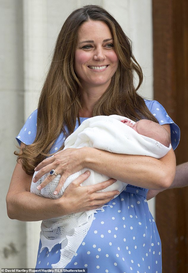 She also suffered in her pregnancies with Princess Charlotte and Prince Louis. Pictured with Prince George in July 2013