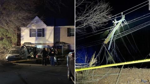 Photos taken by residents who live near the crash site show the car crashed past an apartment building and a broken utility pole. 
