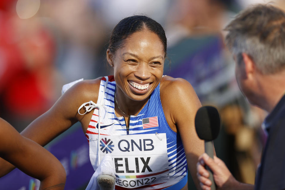 EUGENE, OREGON – JULY 23: Allyson Felix of Team USA is interviewed after competing in the women's 4x400m relay heats on day nine of the Oregon22 World Championships in Athletics at Hayward Field on July 23, 2022 in Eugene, Oregon .  (Photo by Steph Chambers/Getty Images)
