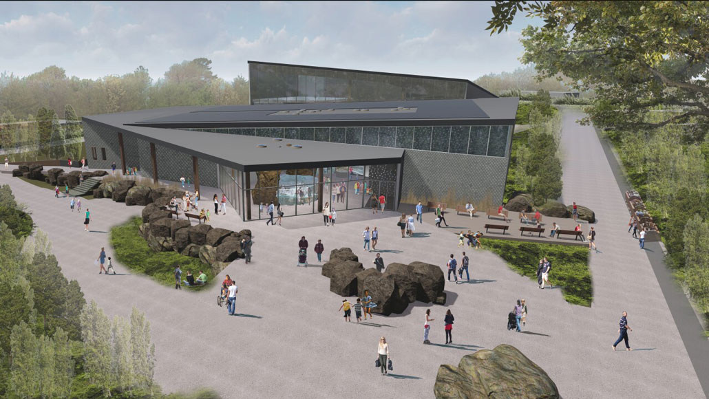 Artist rendering of the exterior of the new Kansas City Zoo aquarium with people walking outside.