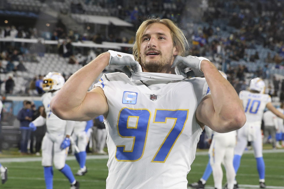 Los Angeles Chargers linebacker Joey Bosa (97) criticized officials after Saturday's loss.  (AP Photo/Gary McCullough)
