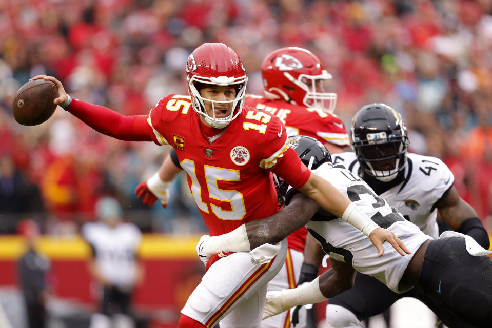 Kansas City Chiefs' Patrick Mahomes led his team to a win over the Jaguars despite an ankle injury.  (Photo by David Eulitt/Getty Images)