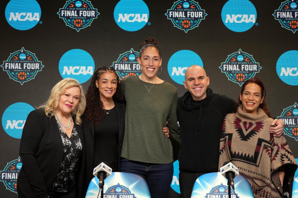 March 31, 2022;  Minneapolis, MN, USA;  Left to right: ESPN reporter Holly Rowe, analyst Andraya Carter, analyst Rebecca Lobo, play-by-play commentator Ryan Ruocco and studio host Elle Duncan pose during a press conference at the Target Center.  Mandatory Credit: Kirby Lee - USA TODAY Sports