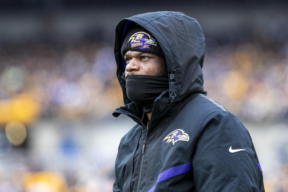 PITTSBURGH, PA - DECEMBER 11: Baltimore Ravens quarterback Lamar Jackson (8) looks on during the National Football League game between the Baltimore Ravens and the Pittsburgh Steelers on December 11, 2022 at Acrisure Stadium in Pittsburgh, PA.  (Photo by Mark Alberti/Icon Sportswire via Getty Images)