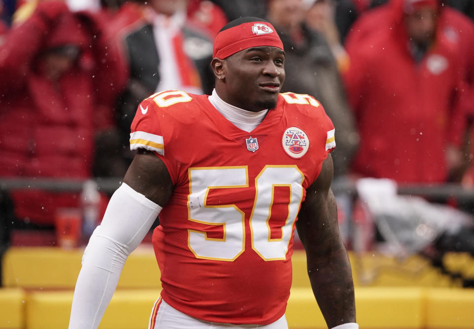 January 21, 2023;  Kansas City, Missouri, USA;  Kansas City Chiefs linebacker Willie Gay (50) warms up before an AFC Divisional Round game against the Jacksonville Jaguars at GEHA Field at Arrowhead Stadium.  Mandatory Credit: Denny Medley - USA TODAY Sports