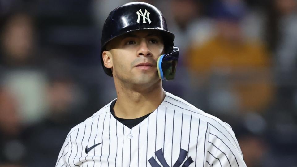 October 23, 2022;  Bronx, New York, USA;  New York Yankees second baseman Gleyber Torres (25) reacts after hitting in the seventh inning against the Houston Astros in Game 4 of the ALCS for the 2022 MLB Playoffs at Yankee Stadium .  Mandatory Credit: Brad Penner - USA TODAY Sports