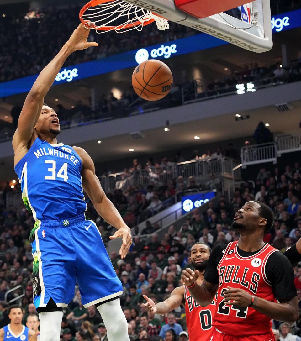 Giannis Antetokounmpo throws a dunk in action earlier this season against the Chicago Bulls.  The Bucks and Bulls play Thursday in the final game before the All-Star break.