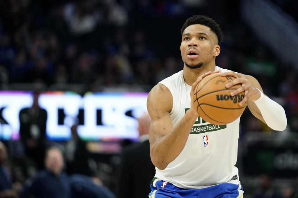 Giannis Antetokounmpo of the Milwaukee Bucks will face his brothers in the NBA All-Star Saturday Skills Challenge.  (AP Photo/Aaron Gash)