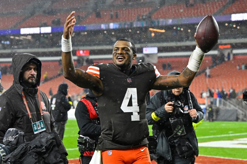 Browns quarterback Deshaun Watson reacts after a win over the Ravens on Dec. 17, 2022.