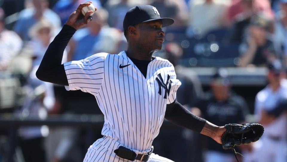March 1, 2023;  Tampa, Florida, USA;  New York Yankees starting pitcher Domingo German (0) throws a pitch during the first inning against the Washington Nationals at George M. Steinbrenner Field.