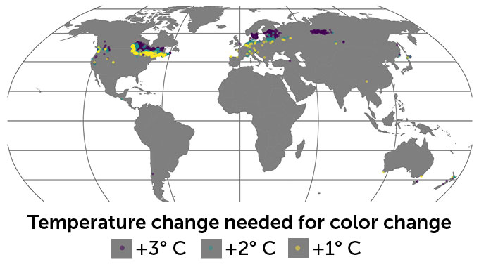 A map of the world shows how much the temperature needs to change in order for there to be a water color change.