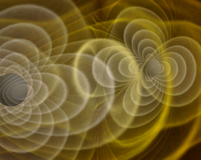 An illustration of the convergence of two black holes and yellow gravitational waves rippling through space.