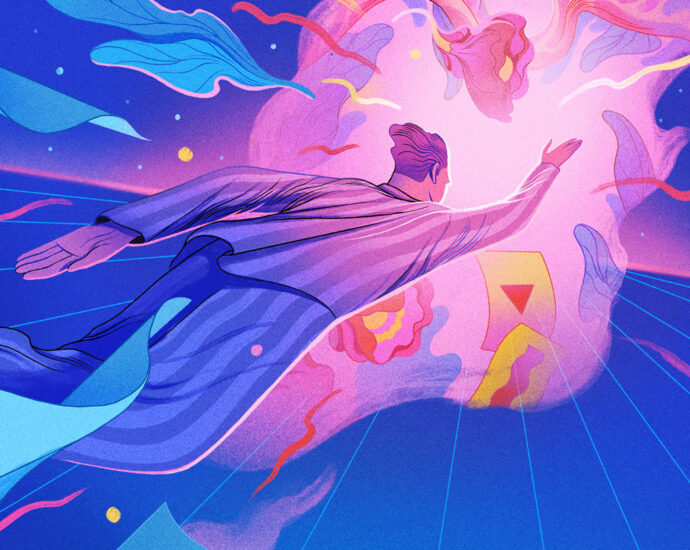 illustration of a person wearing pajamas flying through the air with blue a pink hues