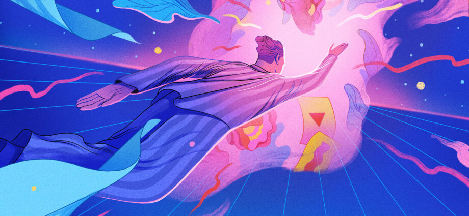 illustration of a person wearing pajamas flying through the air with blue a pink hues
