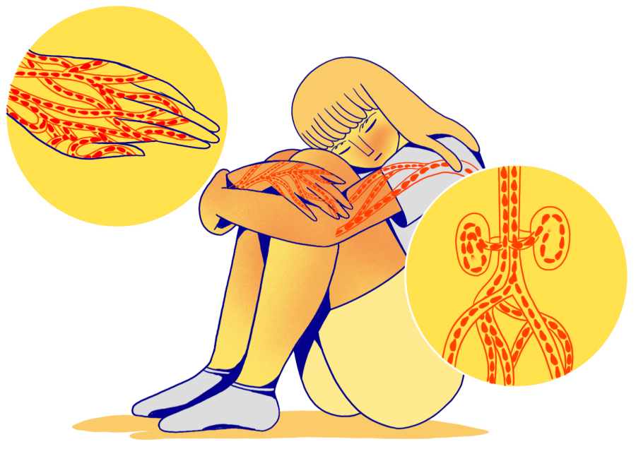 An animation of a person sitting with her head resting on her knees. Small inset circles show a view of blood moving through a hand and through the core of the body.